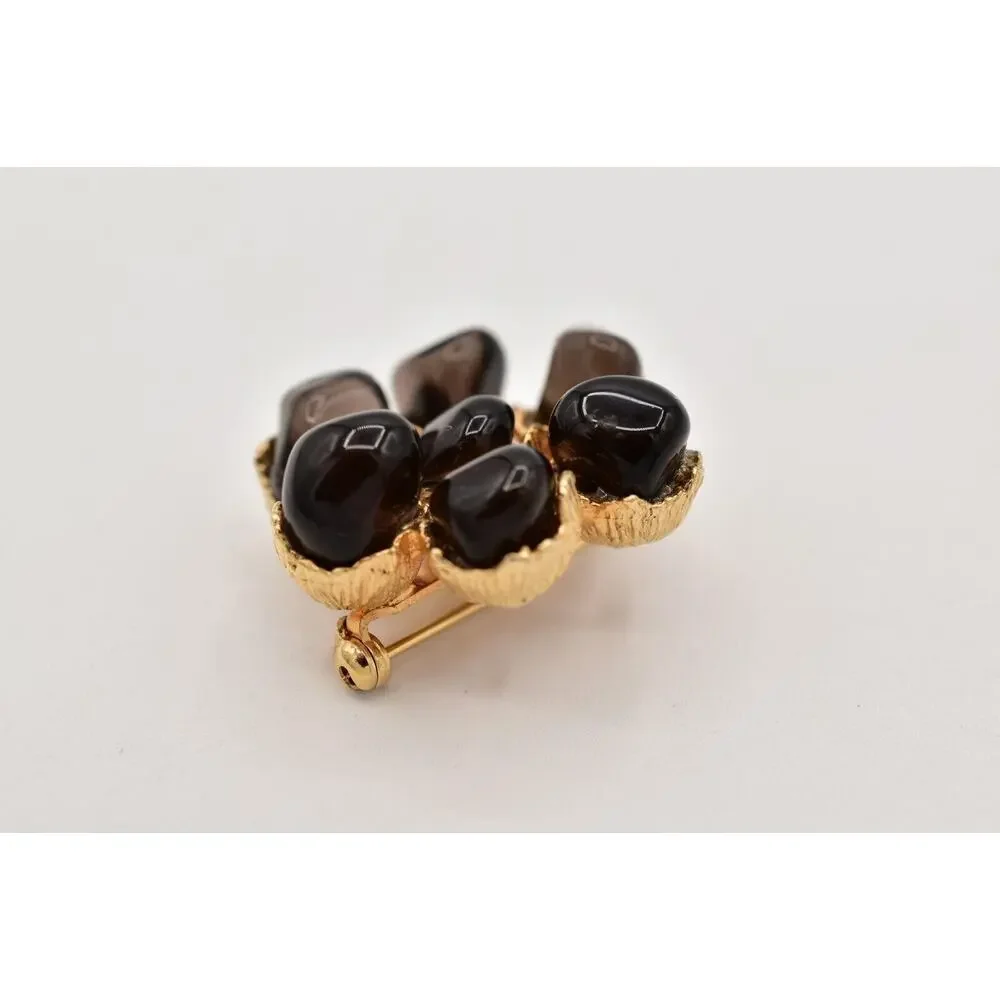 Vintage Cabochon Pin Brooch Black Black Gold Tone Chunky Floral 1990s BinB